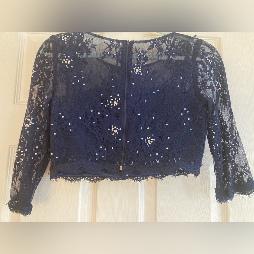 Prom or graduation 2 piece- Navy Sequin Top and Floral Skirt Set with peplum - Picture 6 of 12